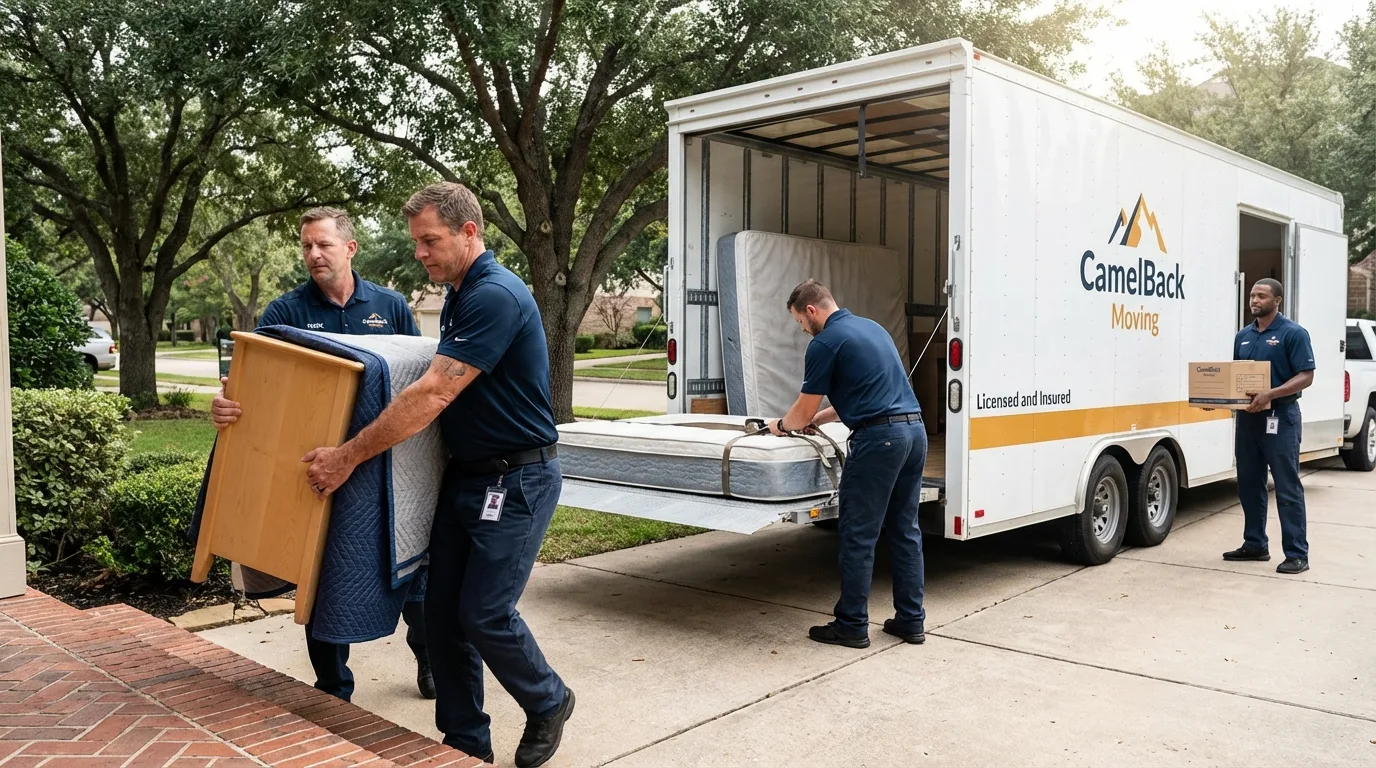 Crew loading residential truck for cross-state move from Shelbyville, IN