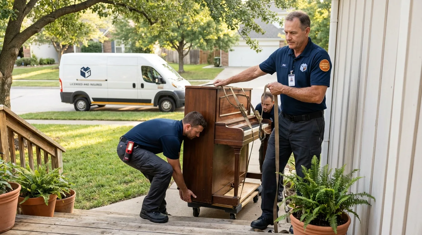 Licensed piano movers securing grand piano in Shelbyville, IN