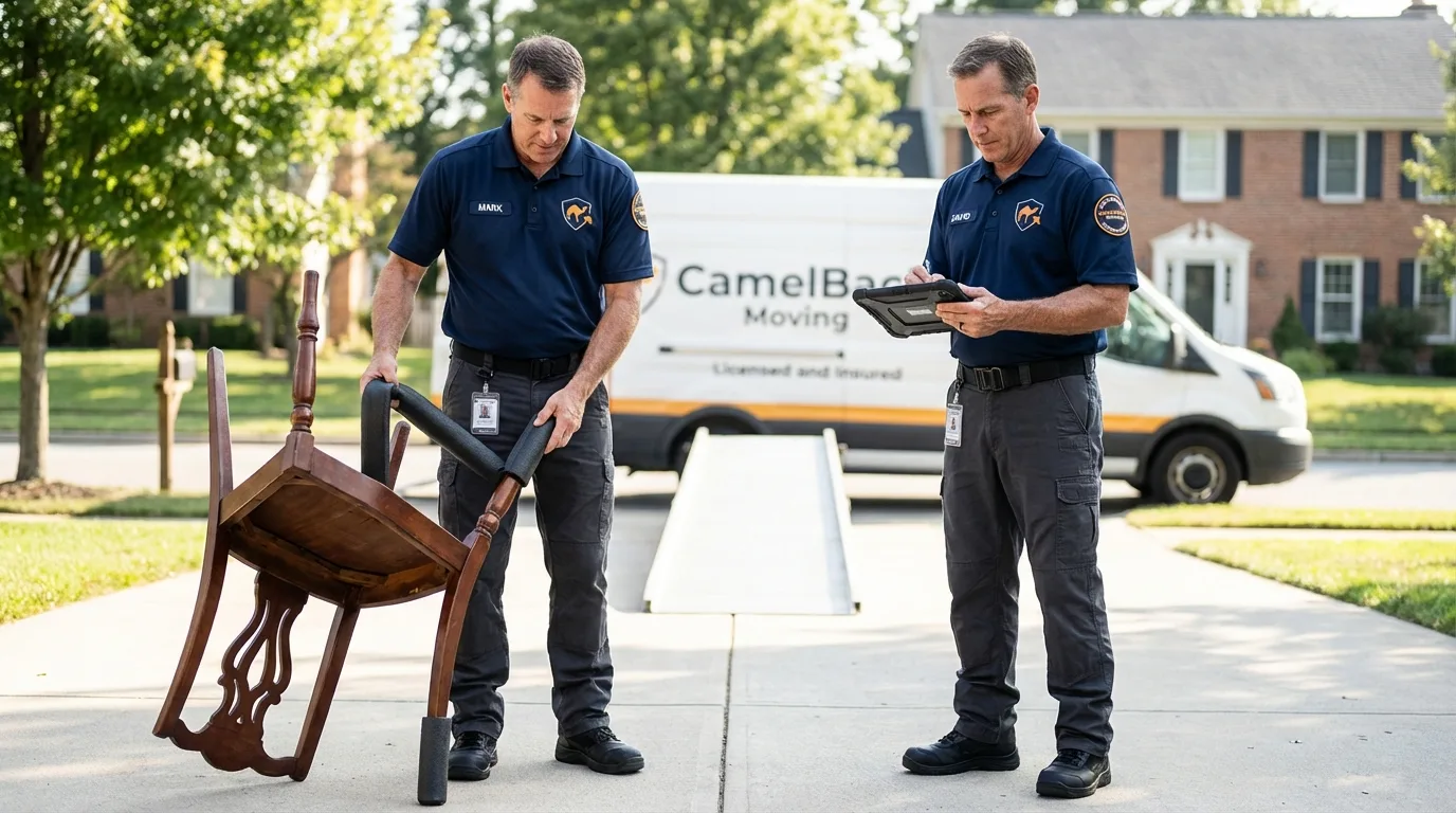 Movers inspecting furniture for damage prevention before loading in Shelbyville, IN
