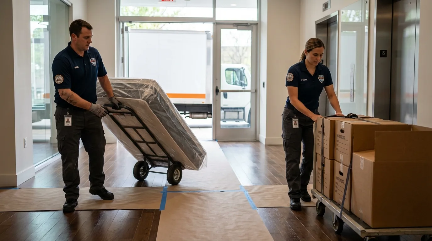 Professional apartment movers loading elevator in Shelbyville, IN