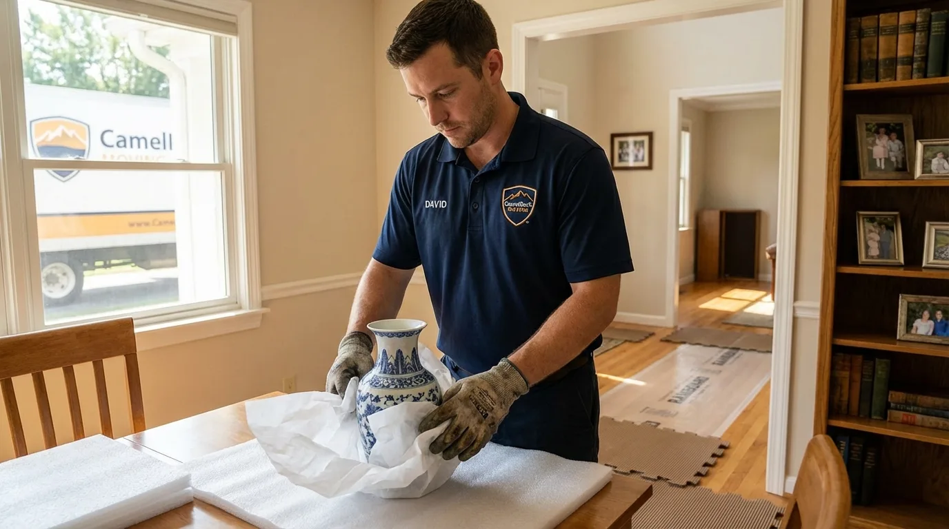 Professional crew carefully wrapping antique vase for senior downsizing move in Shelbyville, IN
